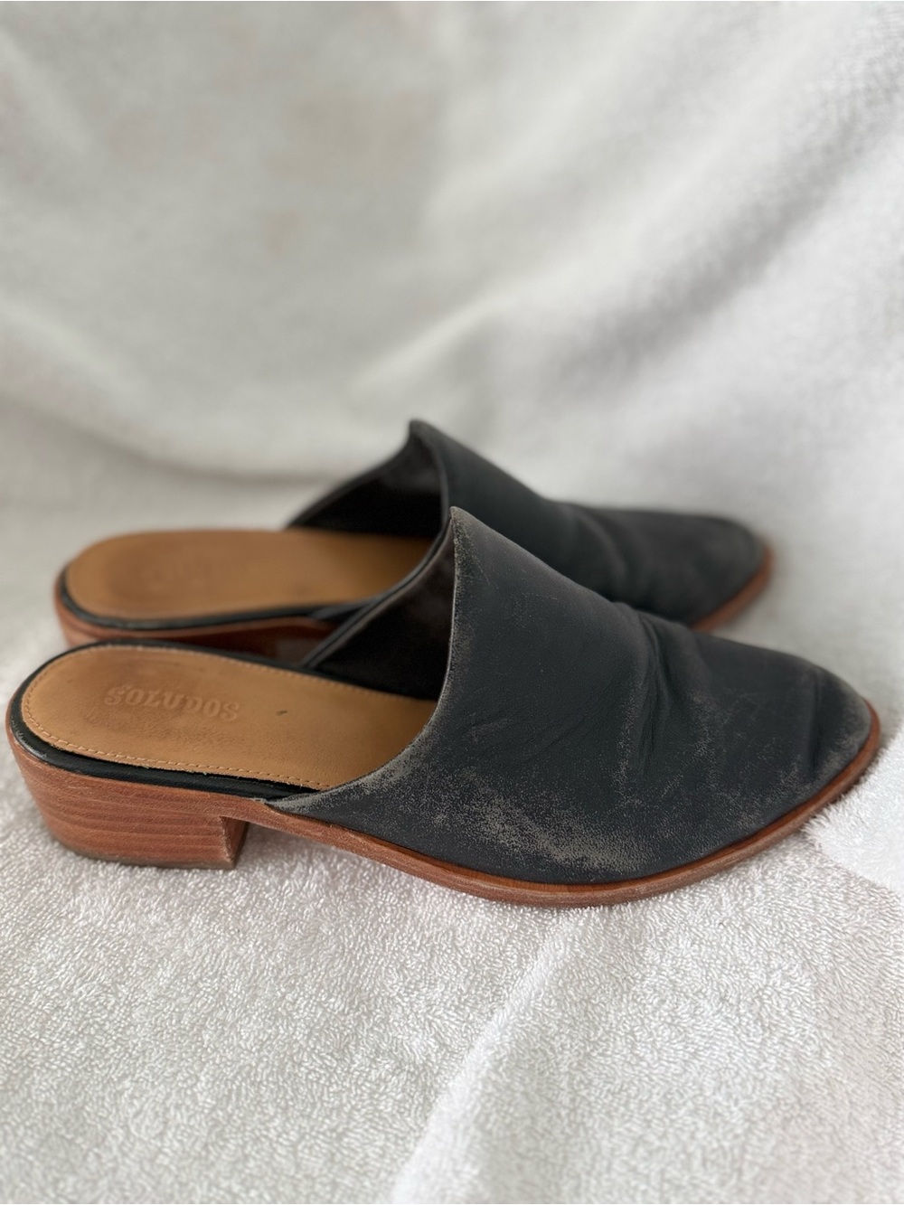 Soludos Black Leather Slip-On Mule with Low Wood Heel